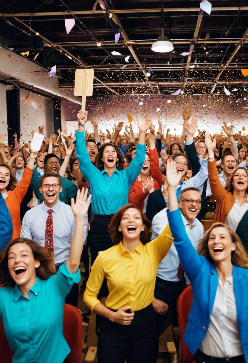 A vibrant auction scene with a diverse group of people joyfully raising their paddles, surrounded by colorful bidding boards displaying smart bid strategies. A light bulb symbolizes bright ideas in the background, while confetti falls gently from above, creating an optimistic atmosphere. The setting is filled with excitement and collaboration, capturing the essence of joyful auctions. super-realistic. vibrant colors. 3D.